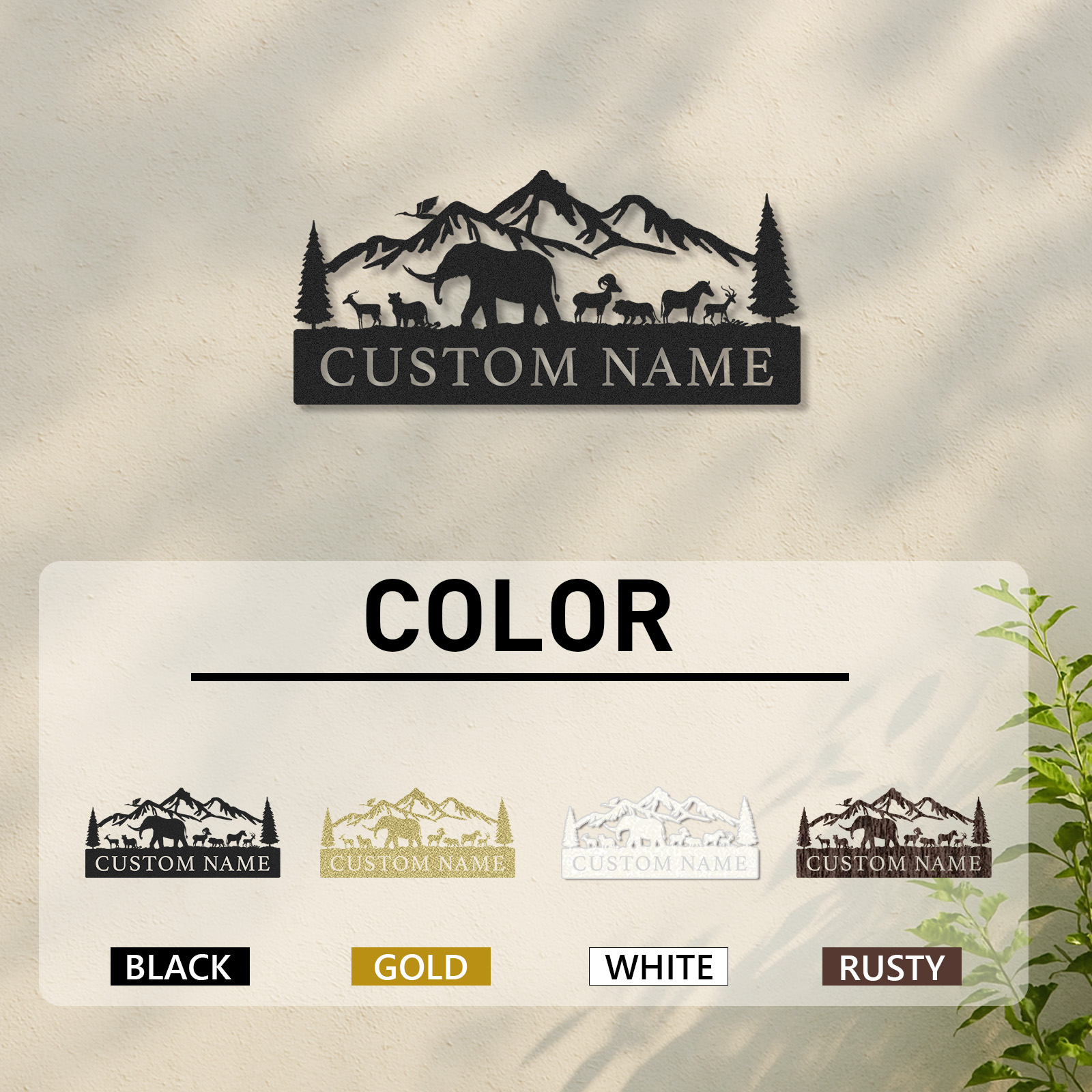 Custom Name Wildlife Sign, Mountain Forest Metal Art with Elephant and Deer, Great Gift for Outdoor Families