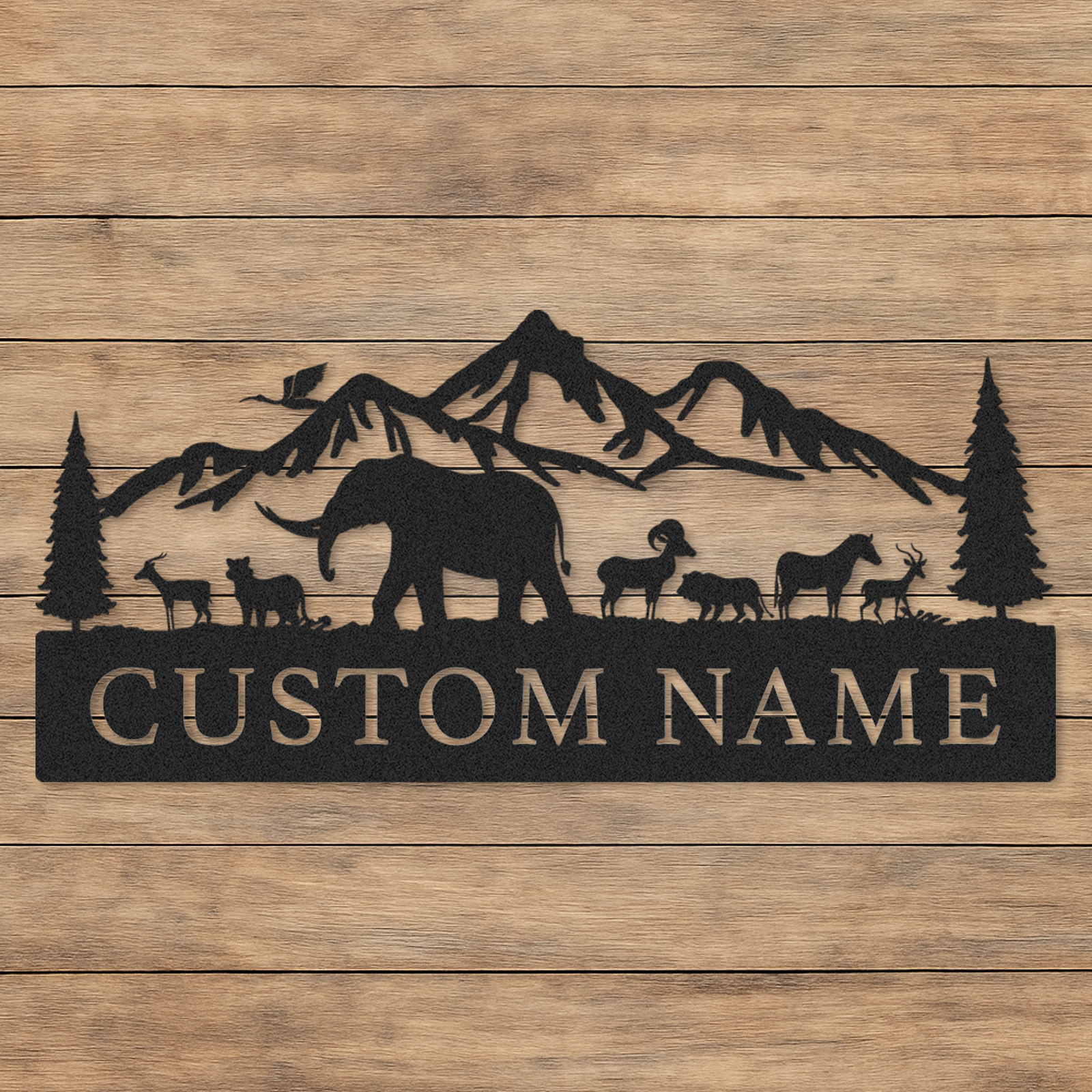 Custom Name Wildlife Sign, Mountain Forest Metal Art with Elephant and Deer, Great Gift for Outdoor Families