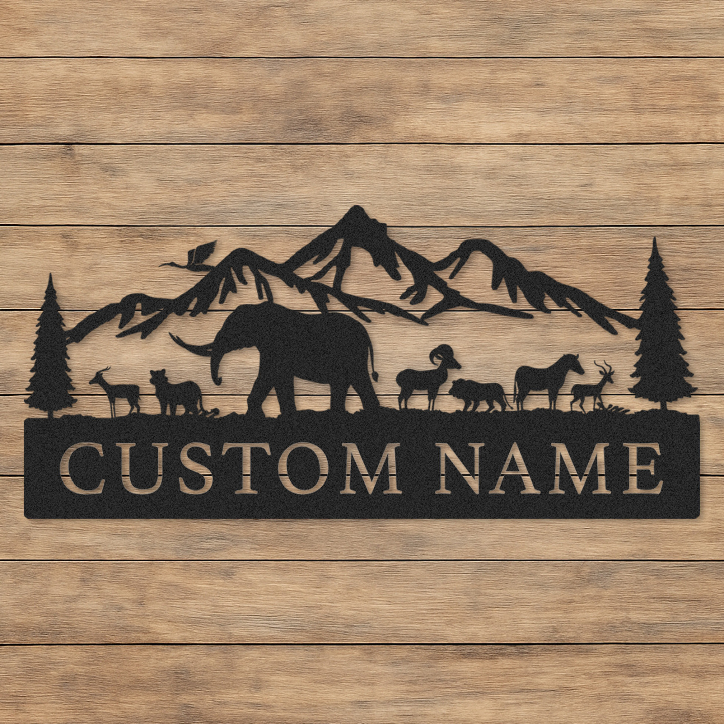 Custom Name Wildlife Sign, Mountain Forest Metal Art with Elephant and Deer, Great Gift for Outdoor Families