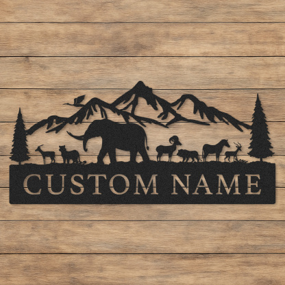 Custom Name Wildlife Sign, Mountain Forest Metal Art with Elephant and Deer, Great Gift for Outdoor Families