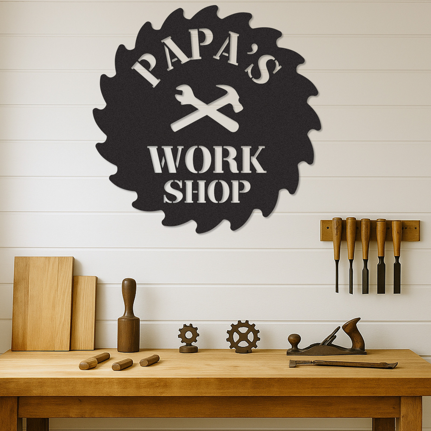 Papa's Workshop Saw Blade Metal Sign, Custom Garage Sign, Personalized Workshop Wall Art, Gift for Him