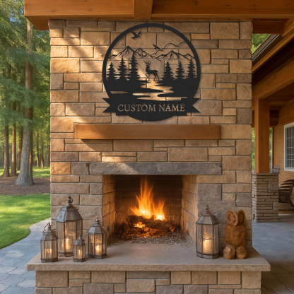  Custom Deer Name Sign, Mountain River Wildlife Scene Metal Art, Personalized Gift for Hunters or Nature Lovers