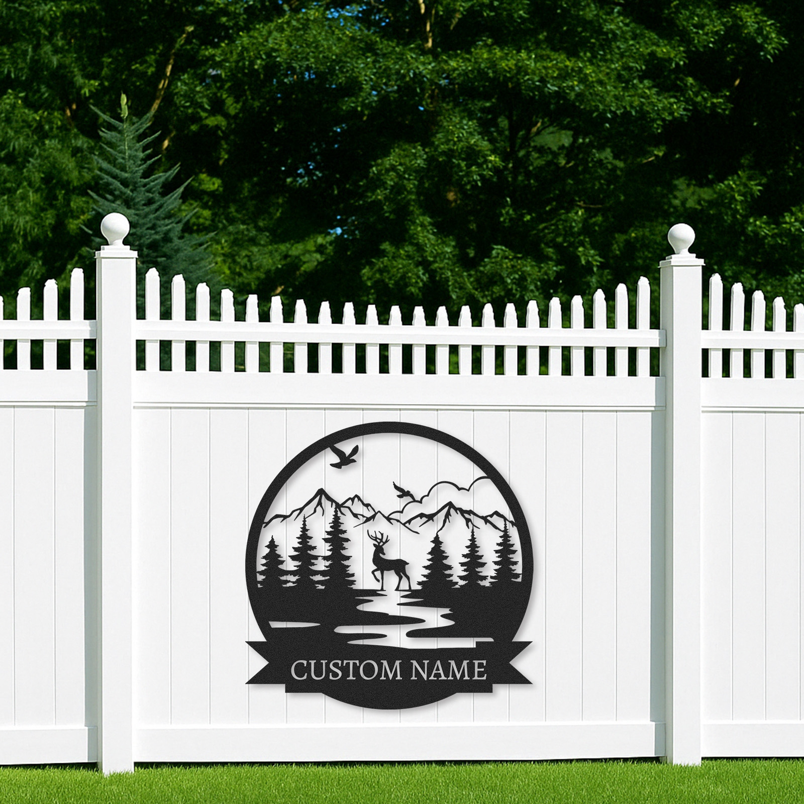  Custom Deer Name Sign, Mountain River Wildlife Scene Metal Art, Personalized Gift for Hunters or Nature Lovers