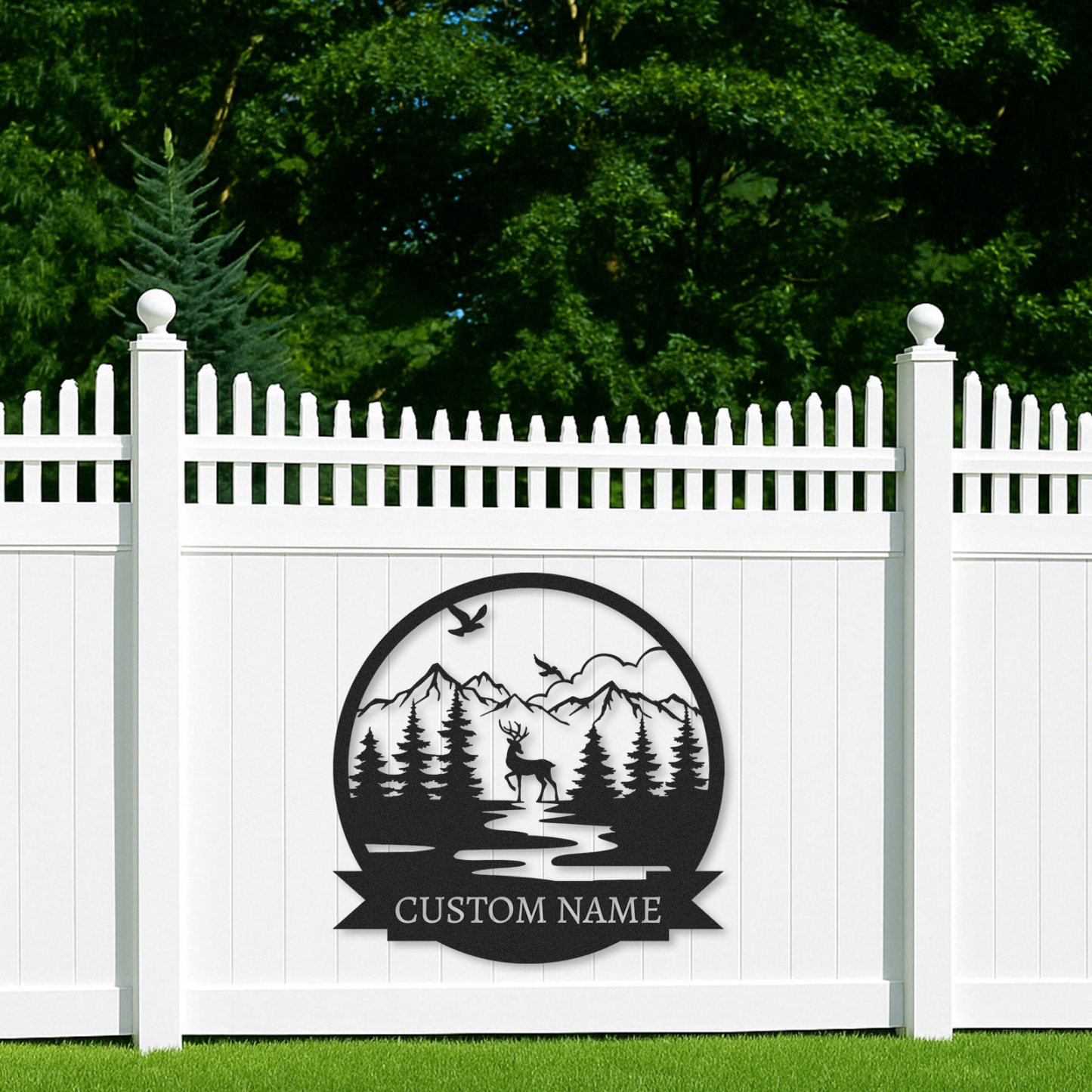  Custom Deer Name Sign, Mountain River Wildlife Scene Metal Art, Personalized Gift for Hunters or Nature Lovers