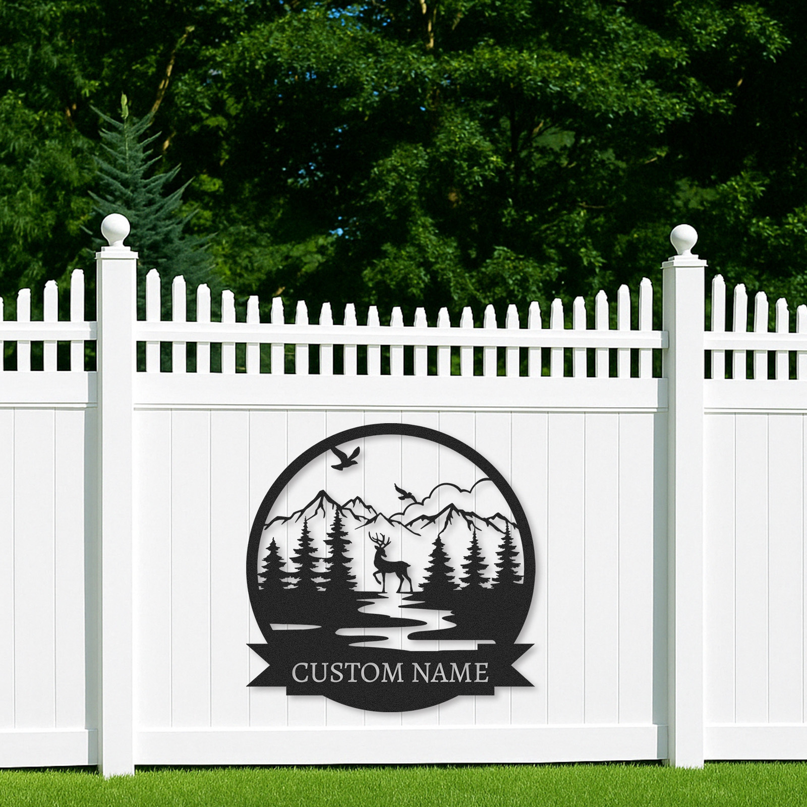  Custom Deer Name Sign, Mountain River Wildlife Scene Metal Art, Personalized Gift for Hunters or Nature Lovers