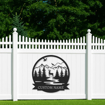  Custom Deer Name Sign, Mountain River Wildlife Scene Metal Art, Personalized Gift for Hunters or Nature Lovers