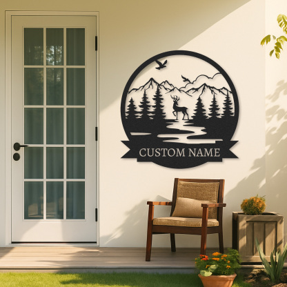  Custom Deer Name Sign, Mountain River Wildlife Scene Metal Art, Personalized Gift for Hunters or Nature Lovers