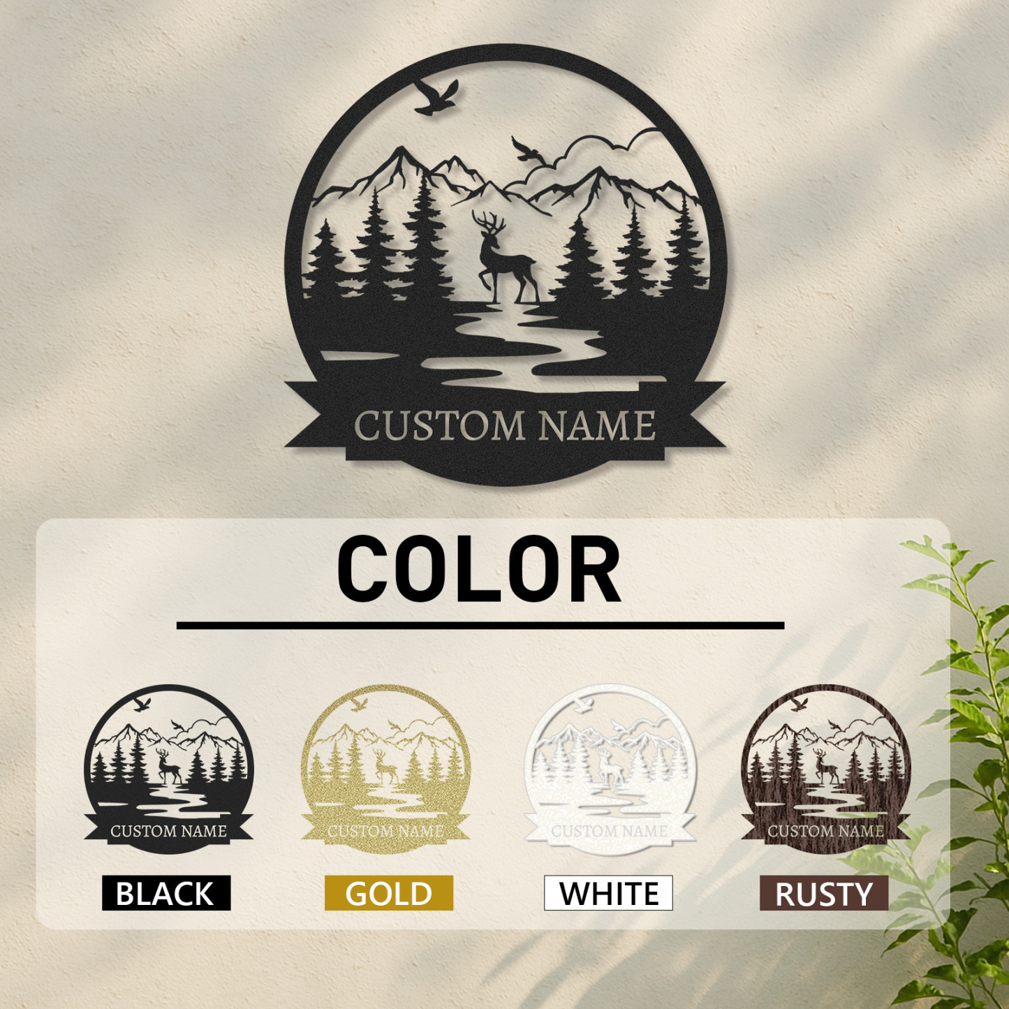  Custom Deer Name Sign, Mountain River Wildlife Scene Metal Art, Personalized Gift for Hunters or Nature Lovers