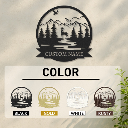  Custom Deer Name Sign, Mountain River Wildlife Scene Metal Art, Personalized Gift for Hunters or Nature Lovers