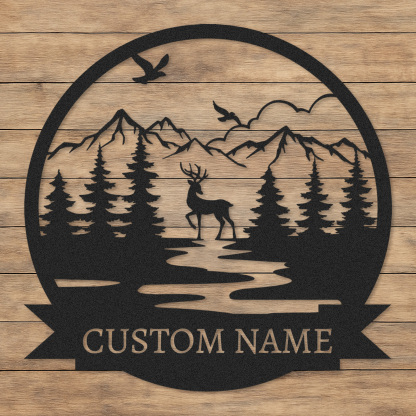  Custom Deer Name Sign, Mountain River Wildlife Scene Metal Art, Personalized Gift for Hunters or Nature Lovers