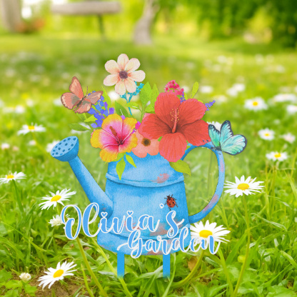 Personalized Watering Can Garden Sign, Custom Colorful Floral Metal Yard Stake with Butterfly, Outdoor Garden Decor Name Sign for Flower Lovers, Gift for Gardeners