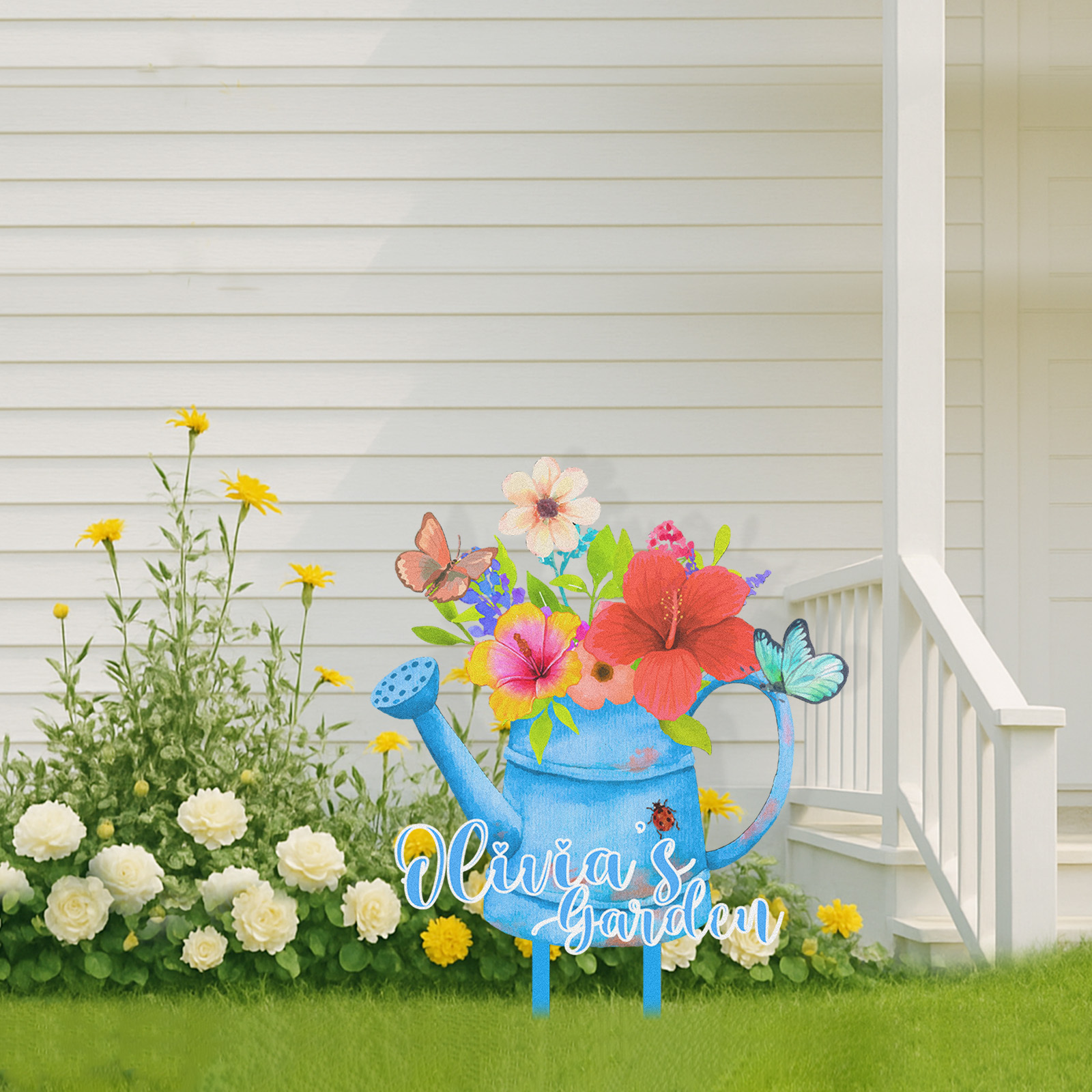 Personalized Watering Can Garden Sign, Custom Colorful Floral Metal Yard Stake with Butterfly, Outdoor Garden Decor Name Sign for Flower Lovers, Gift for Gardeners