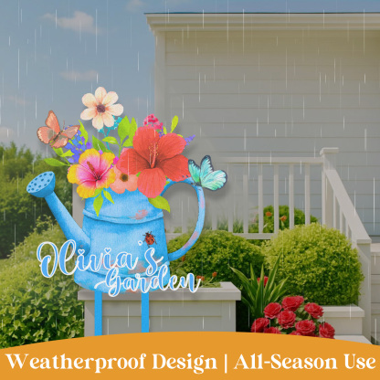 Personalized Watering Can Garden Sign, Custom Colorful Floral Metal Yard Stake with Butterfly, Outdoor Garden Decor Name Sign for Flower Lovers, Gift for Gardeners