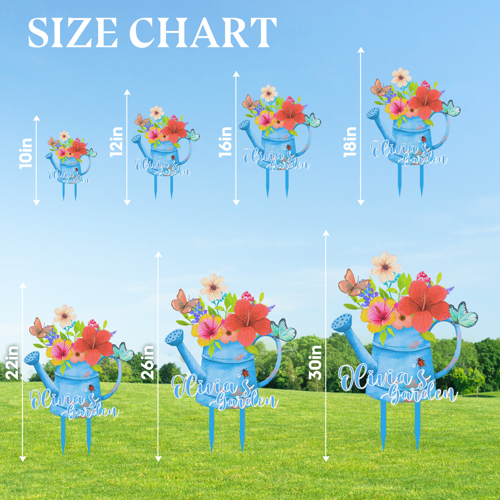 Personalized Watering Can Garden Sign, Custom Colorful Floral Metal Yard Stake with Butterfly, Outdoor Garden Decor Name Sign for Flower Lovers, Gift for Gardeners