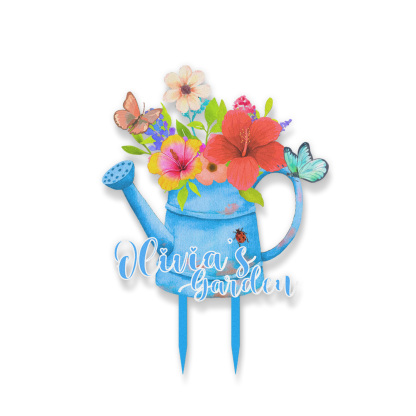 Personalized Watering Can Garden Sign, Custom Colorful Floral Metal Yard Stake with Butterfly, Outdoor Garden Decor Name Sign for Flower Lovers, Gift for Gardeners