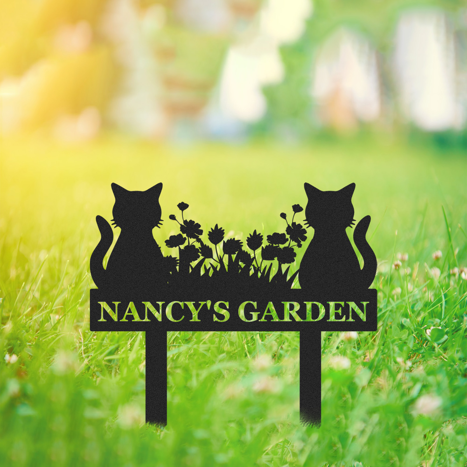 Custom Cat Garden Sign with Floral Design, Personalized Outdoor Stake for Yard or Memorial Use, Cat Lover Gift Idea