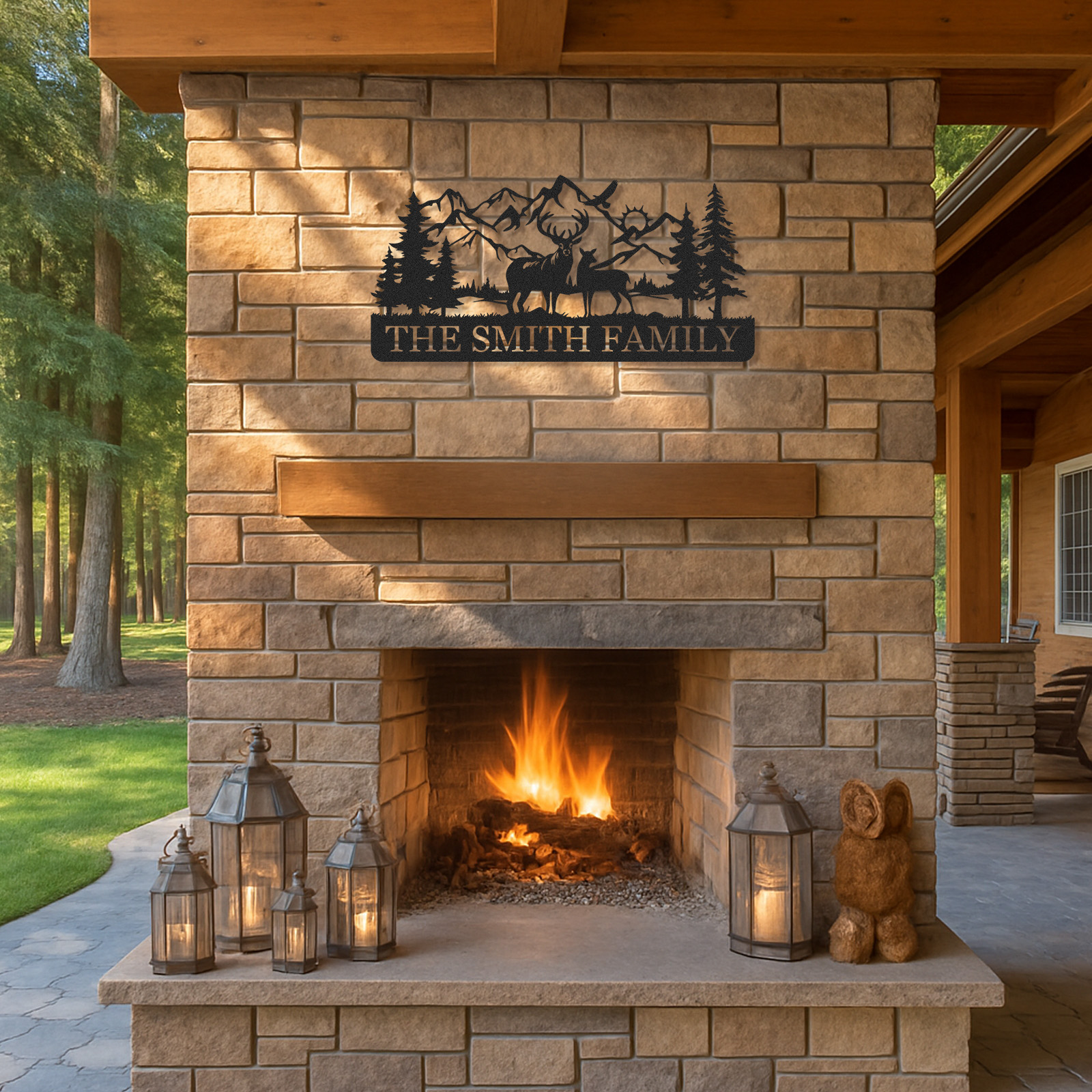 Custom Deer Metal Sign with Family Herd and Mountains, Personalized Forest Decor for Lodge or Backyard