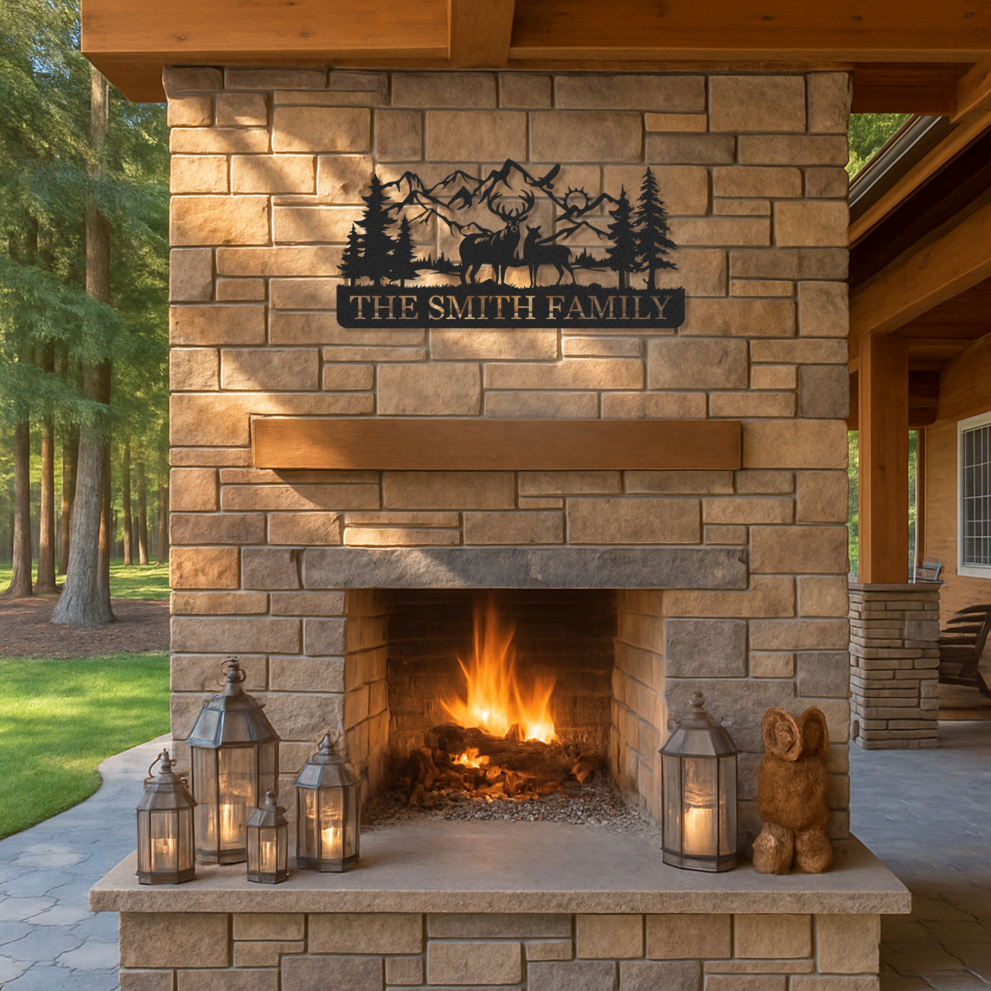 Custom Deer Metal Sign with Family Herd and Mountains, Personalized Forest Decor for Lodge or Backyard