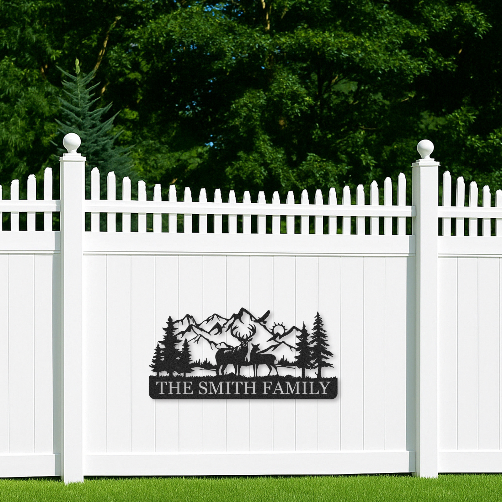 Custom Deer Metal Sign with Family Herd and Mountains, Personalized Forest Decor for Lodge or Backyard