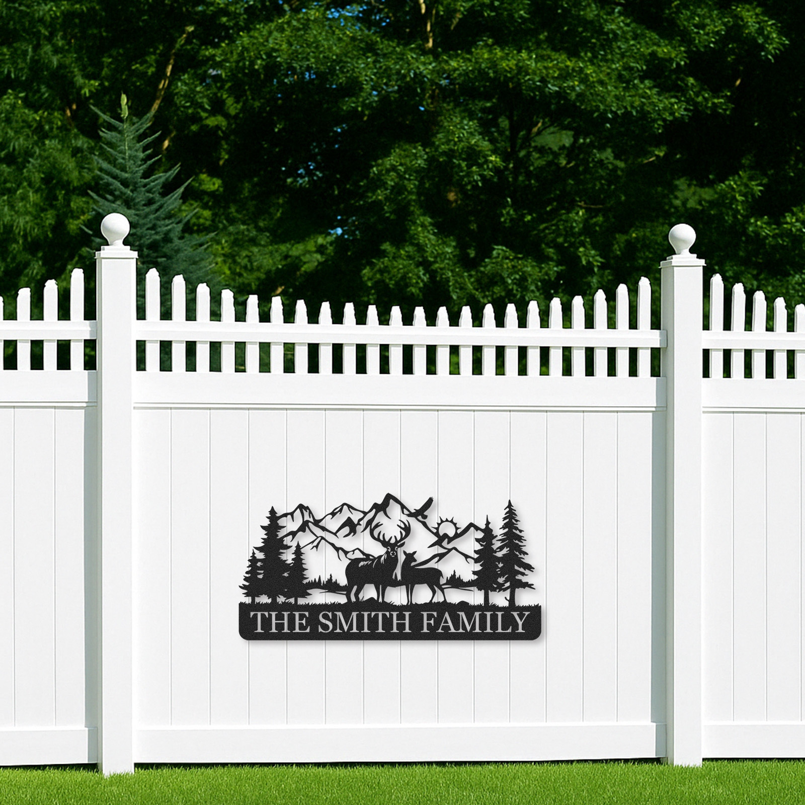 Custom Deer Metal Sign with Family Herd and Mountains, Personalized Forest Decor for Lodge or Backyard