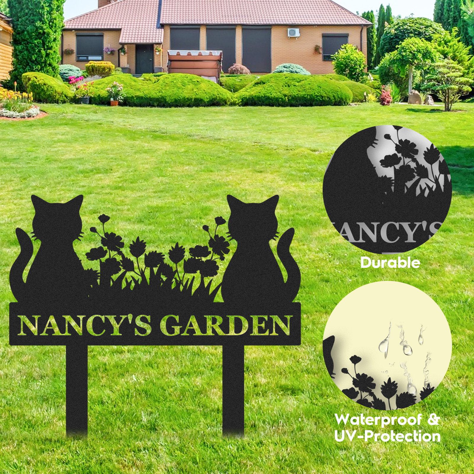 Custom Cat Garden Sign with Floral Design, Personalized Outdoor Stake for Yard or Memorial Use, Cat Lover Gift Idea