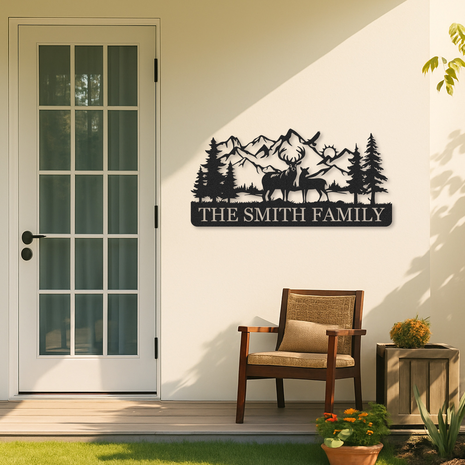 Custom Deer Metal Sign with Family Herd and Mountains, Personalized Forest Decor for Lodge or Backyard