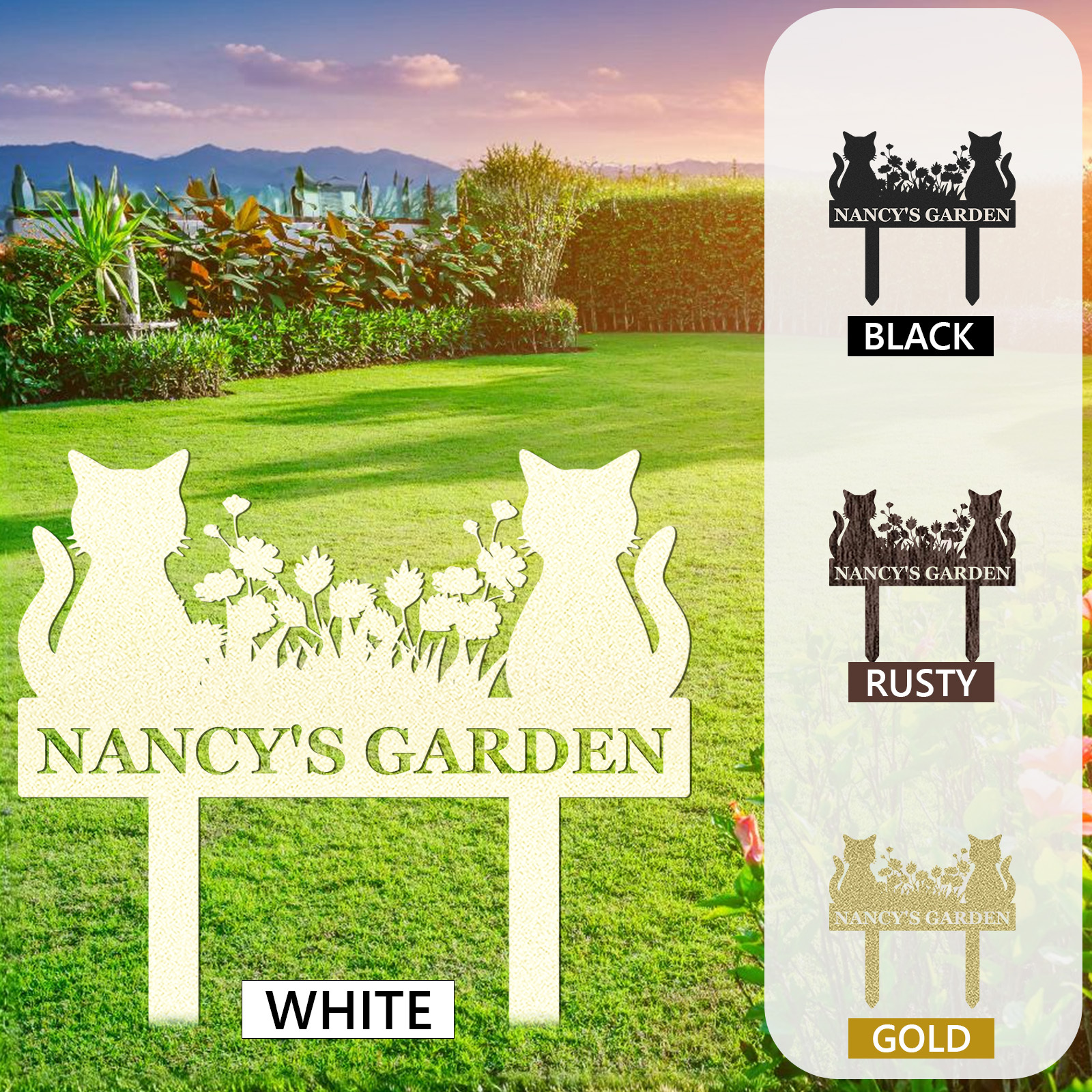 Custom Cat Garden Sign with Floral Design, Personalized Outdoor Stake for Yard or Memorial Use, Cat Lover Gift Idea