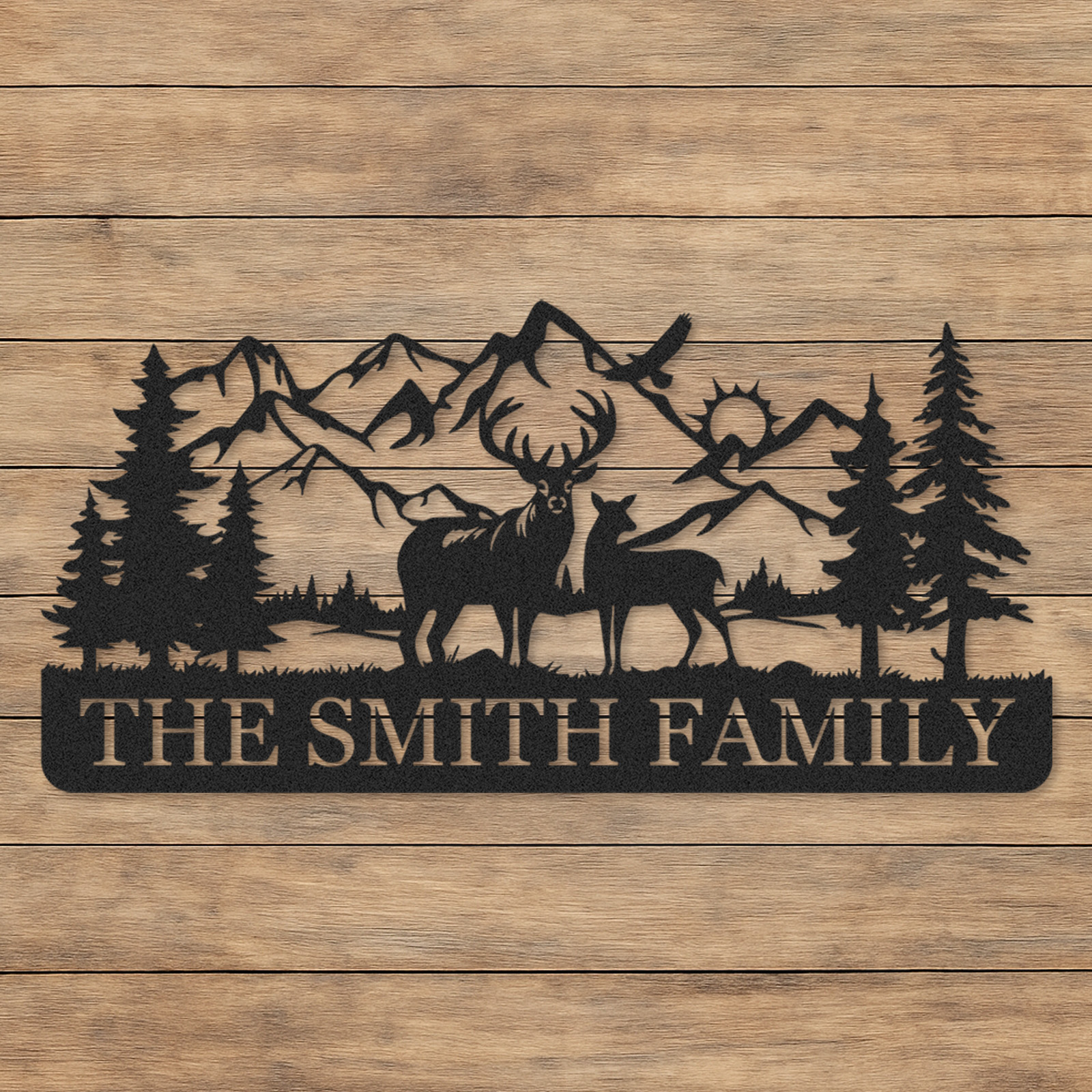 Custom Deer Metal Sign with Family Herd and Mountains, Personalized Forest Decor for Lodge or Backyard