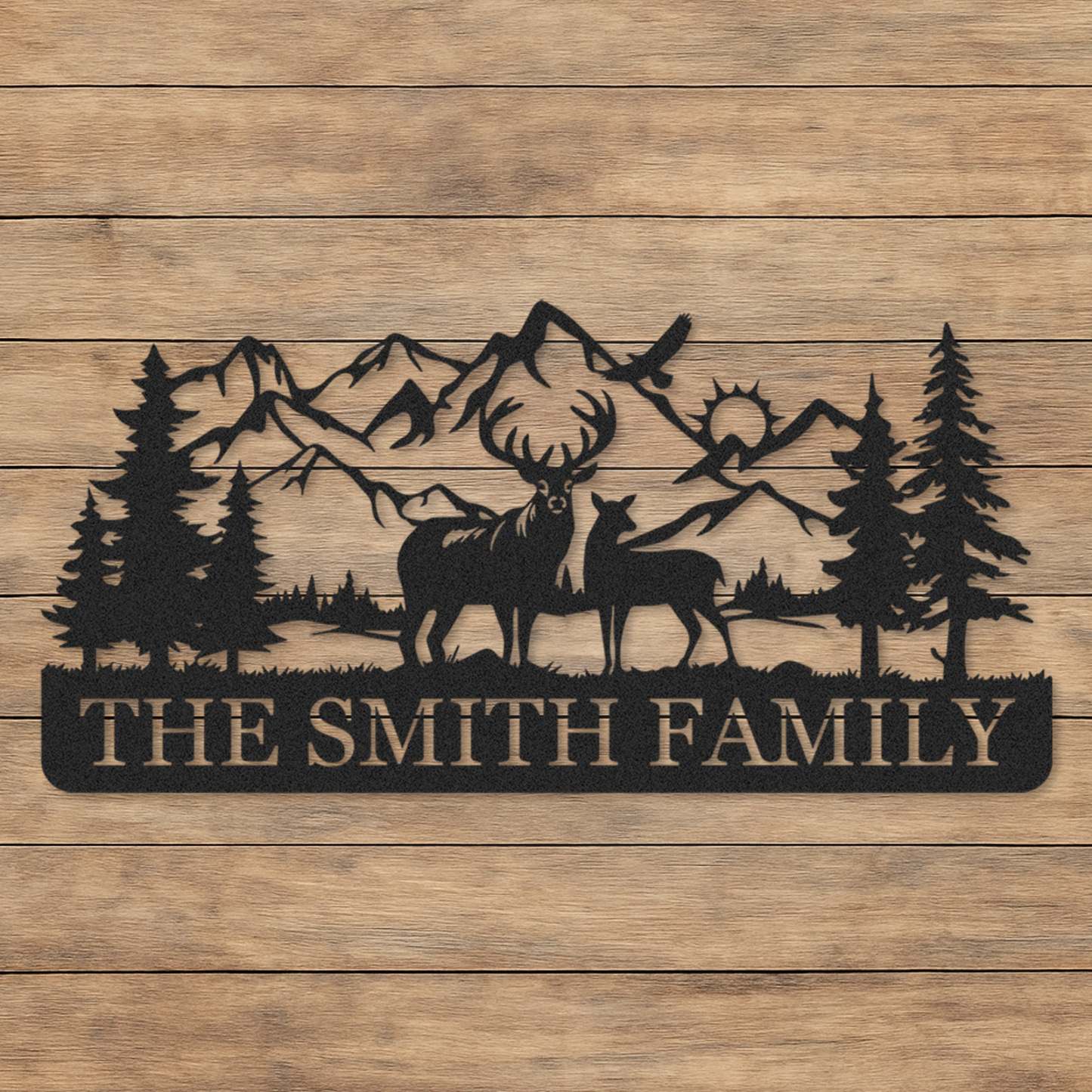 Custom Deer Metal Sign with Family Herd and Mountains, Personalized Forest Decor for Lodge or Backyard
