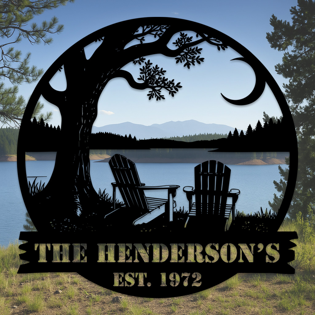 Custom Lake House Metal Sign, Personalized Tree and Adirondack Chair Scene for Family Name, Cabin or Porch Outdoor Decor