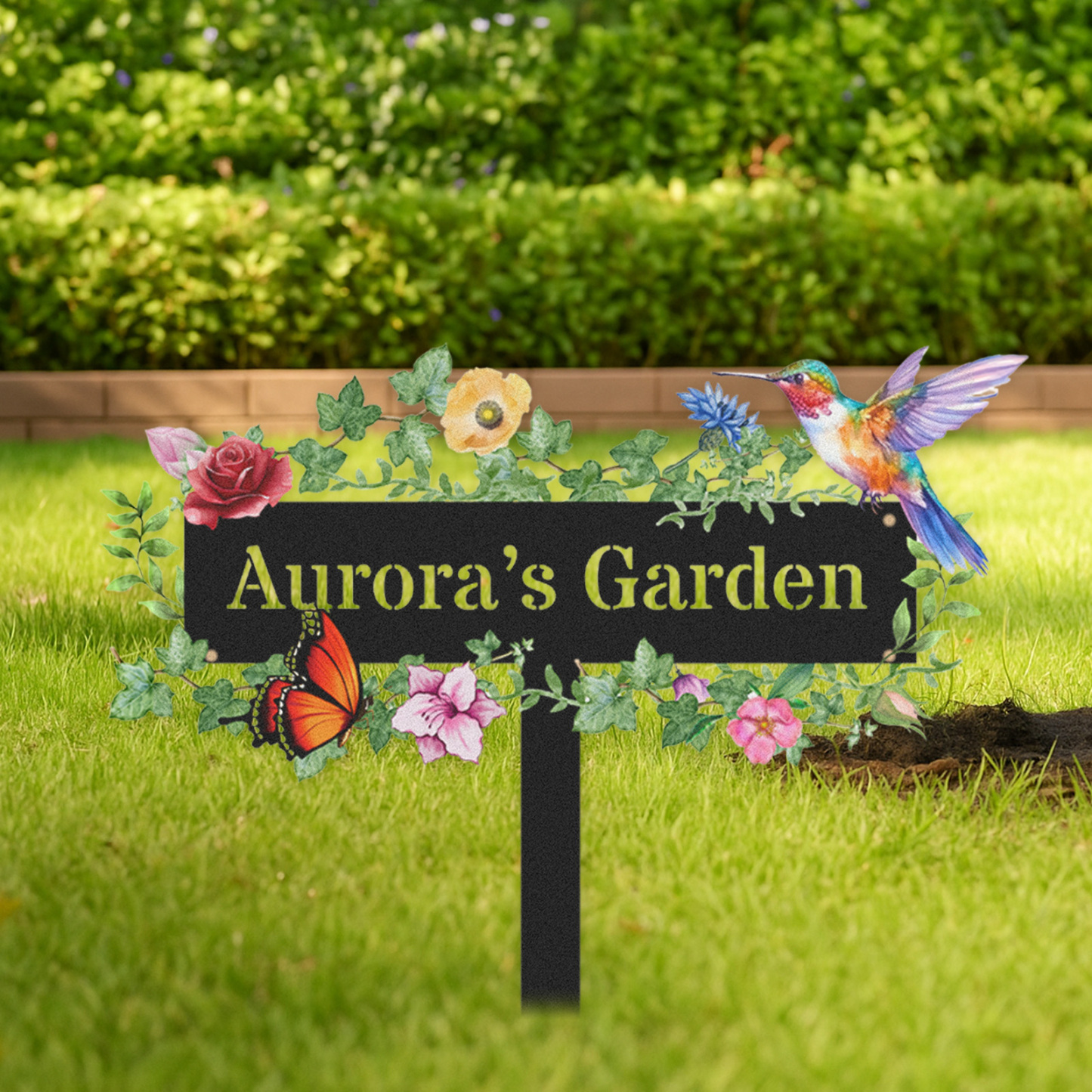 Custom Garden Sign with Vine Leaves and Hummingbird, Personalized Floral Metal Yard Stake with Butterfly, Outdoor Garden Decor Gift for Flower Lovers and Nature Enthusiasts