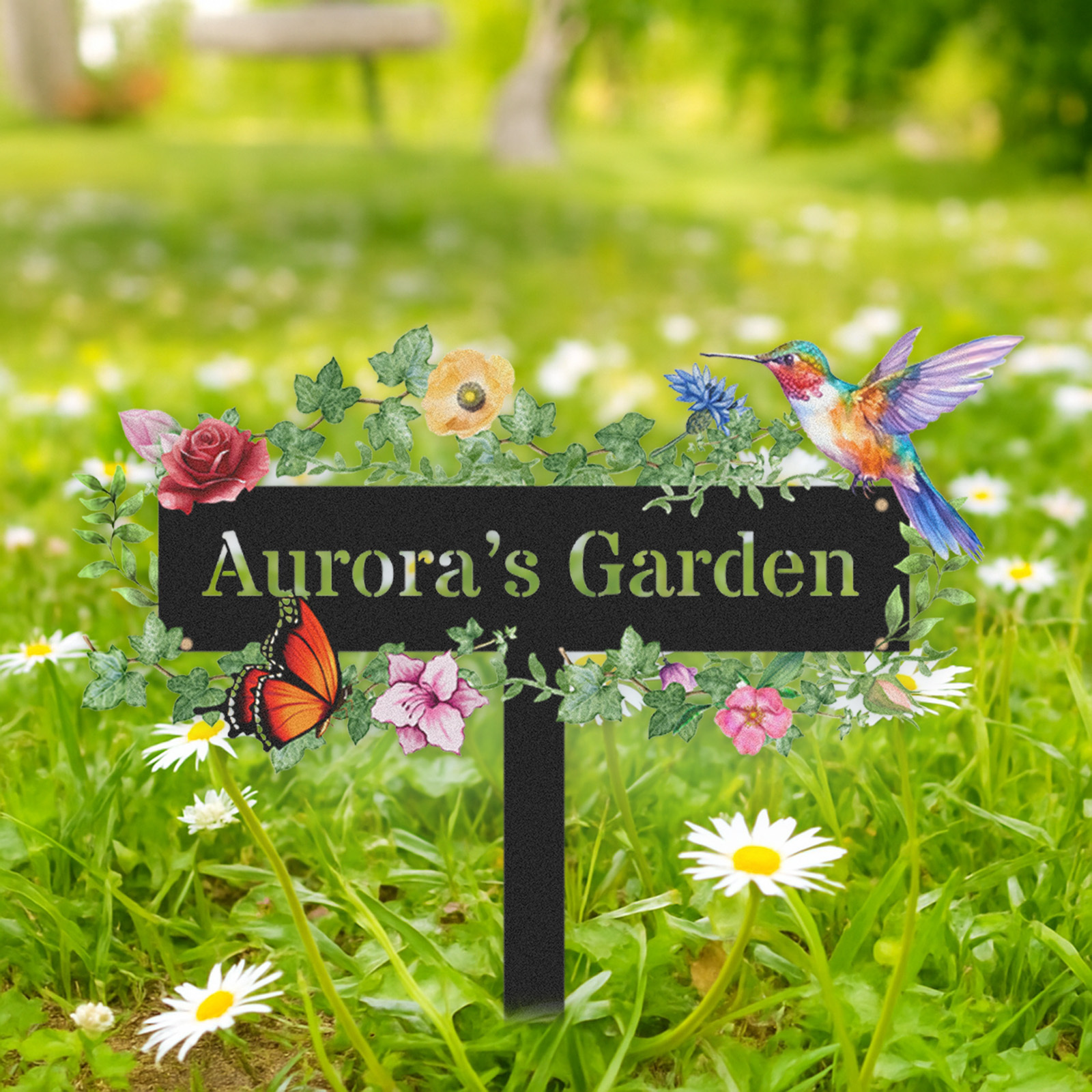 Custom Garden Sign with Vine Leaves and Hummingbird, Personalized Floral Metal Yard Stake with Butterfly, Outdoor Garden Decor Gift for Flower Lovers and Nature Enthusiasts
