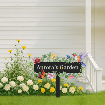 Custom Garden Sign with Vine Leaves and Hummingbird, Personalized Floral Metal Yard Stake with Butterfly, Outdoor Garden Decor Gift for Flower Lovers and Nature Enthusiasts