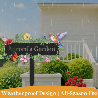 Custom Garden Sign with Vine Leaves and Hummingbird, Personalized Floral Metal Yard Stake with Butterfly, Outdoor Garden Decor Gift for Flower Lovers and Nature Enthusiasts