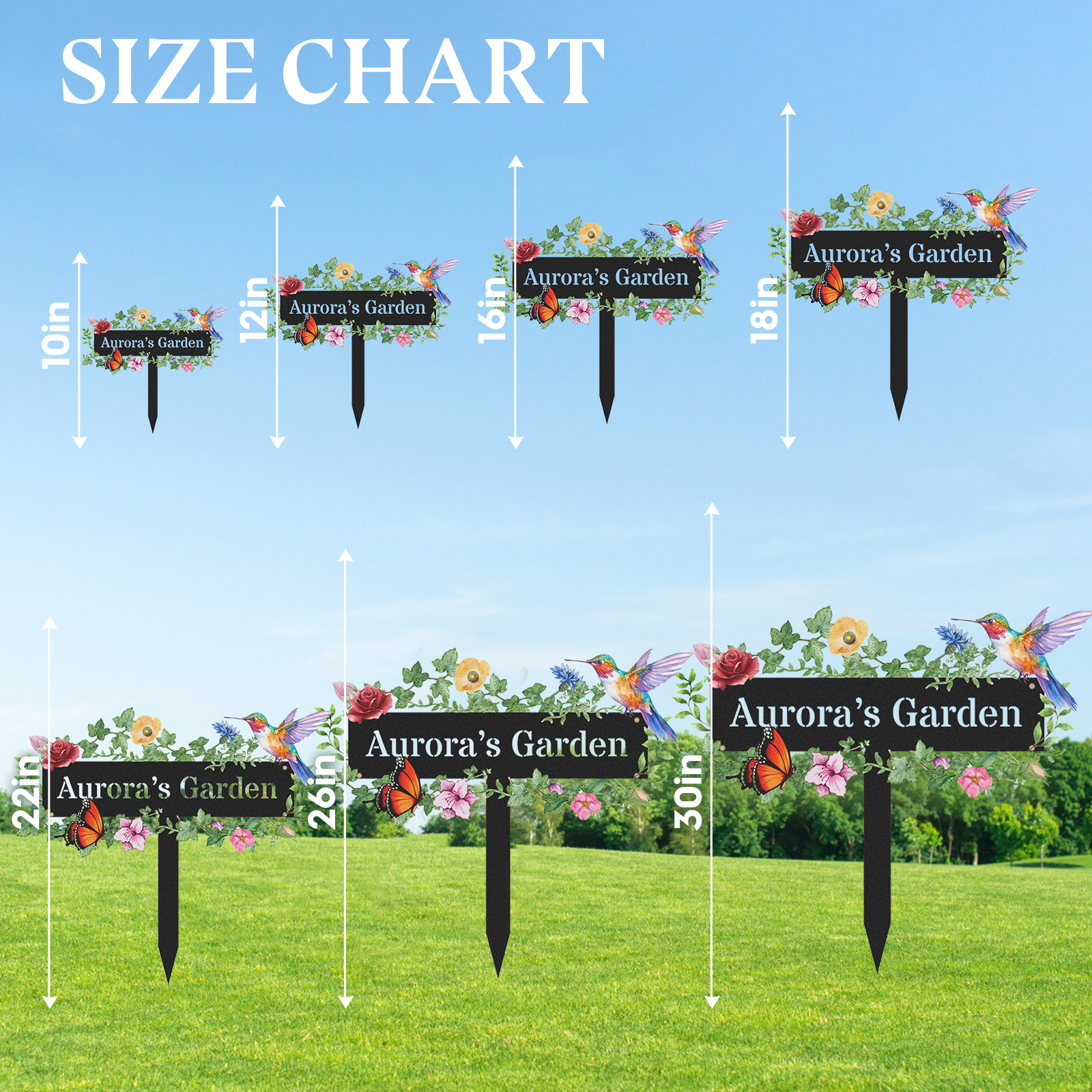 Custom Garden Sign with Vine Leaves and Hummingbird, Personalized Floral Metal Yard Stake with Butterfly, Outdoor Garden Decor Gift for Flower Lovers and Nature Enthusiasts