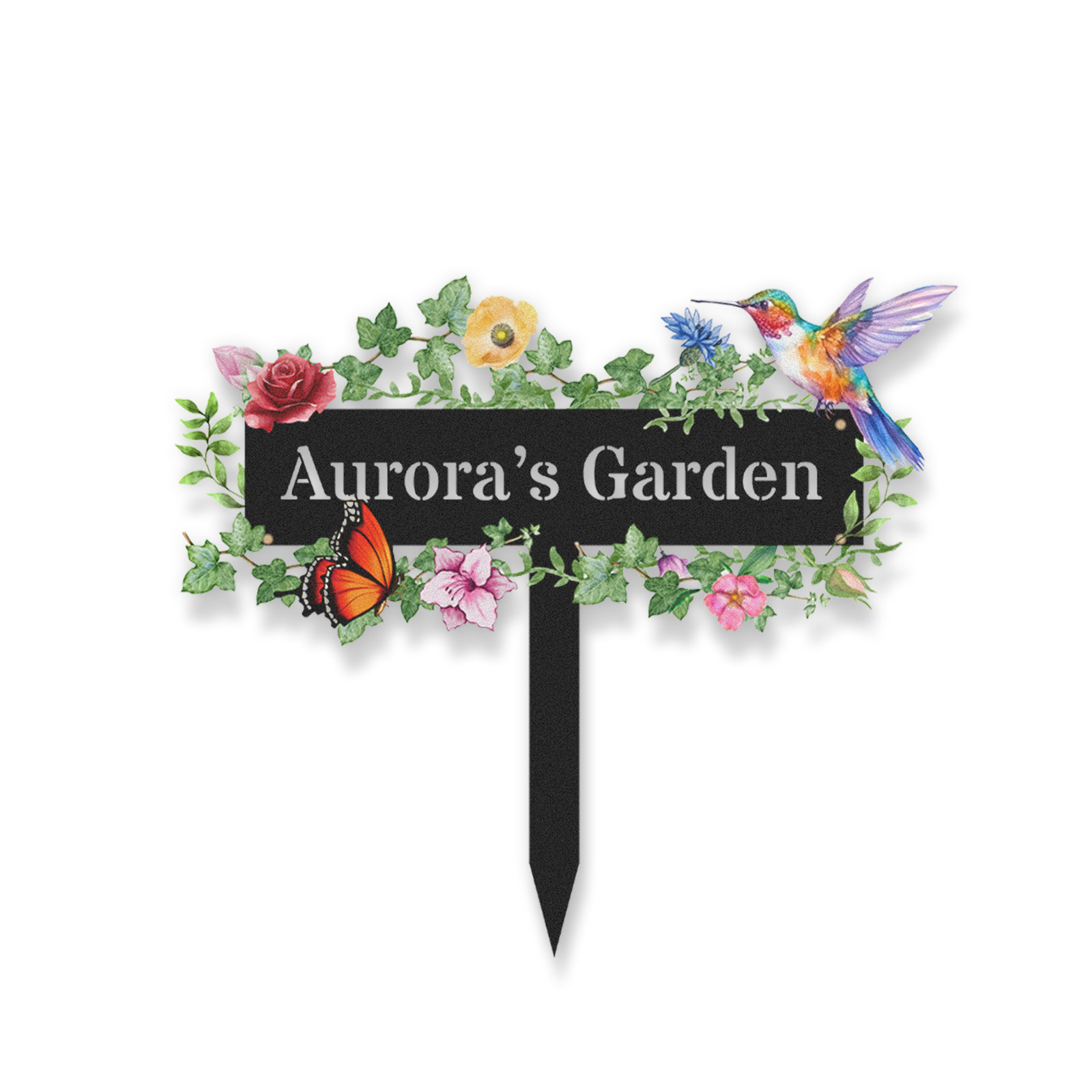 Custom Garden Sign with Vine Leaves and Hummingbird, Personalized Floral Metal Yard Stake with Butterfly, Outdoor Garden Decor Gift for Flower Lovers and Nature Enthusiasts