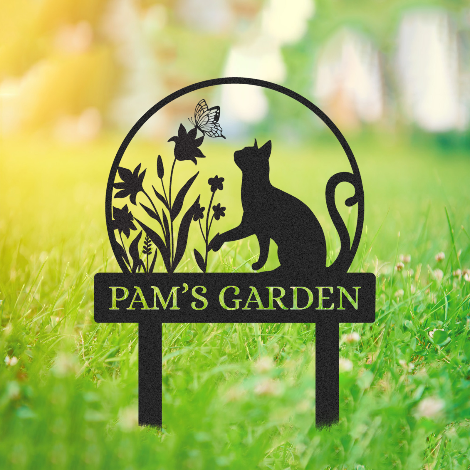 Custom Cat and Dog Garden Sign, Personalized Round Butterfly Floral Yard Stake, Custom Name Outdoor Decor for Flower Beds or Memorial Use