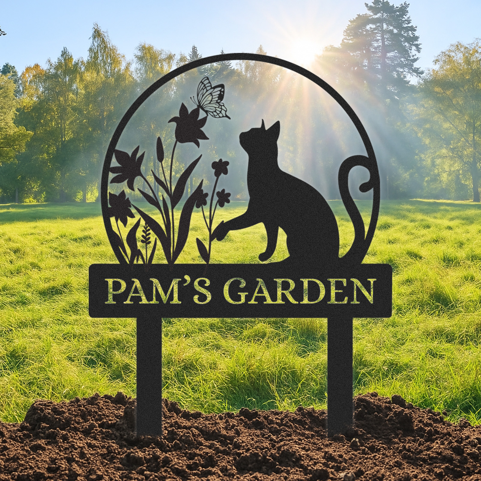 Custom Cat and Dog Garden Sign, Personalized Round Butterfly Floral Yard Stake, Custom Name Outdoor Decor for Flower Beds or Memorial Use