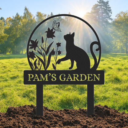 Custom Cat and Dog Garden Sign, Personalized Round Butterfly Floral Yard Stake, Custom Name Outdoor Decor for Flower Beds or Memorial Use