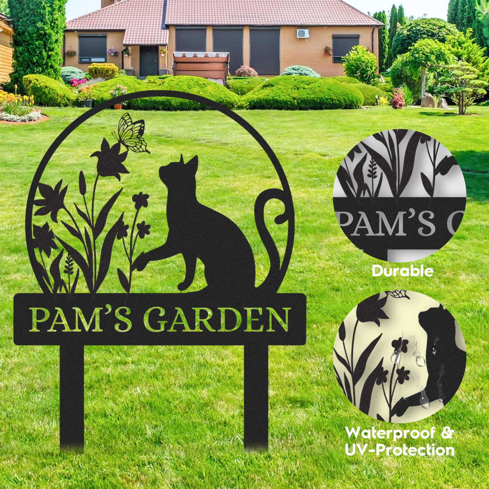 Custom Cat and Dog Garden Sign, Personalized Round Butterfly Floral Yard Stake, Custom Name Outdoor Decor for Flower Beds or Memorial Use