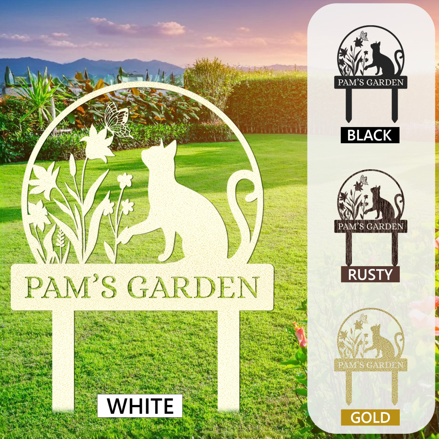 Custom Cat and Dog Garden Sign, Personalized Round Butterfly Floral Yard Stake, Custom Name Outdoor Decor for Flower Beds or Memorial Use
