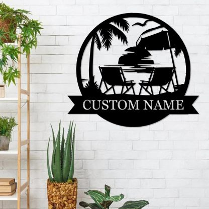 Personalized Metal Beach Signs, Backyard Oasis Sign, Porch Signs Outdoor, Coastal Beach Scene Custom Last Name Sign