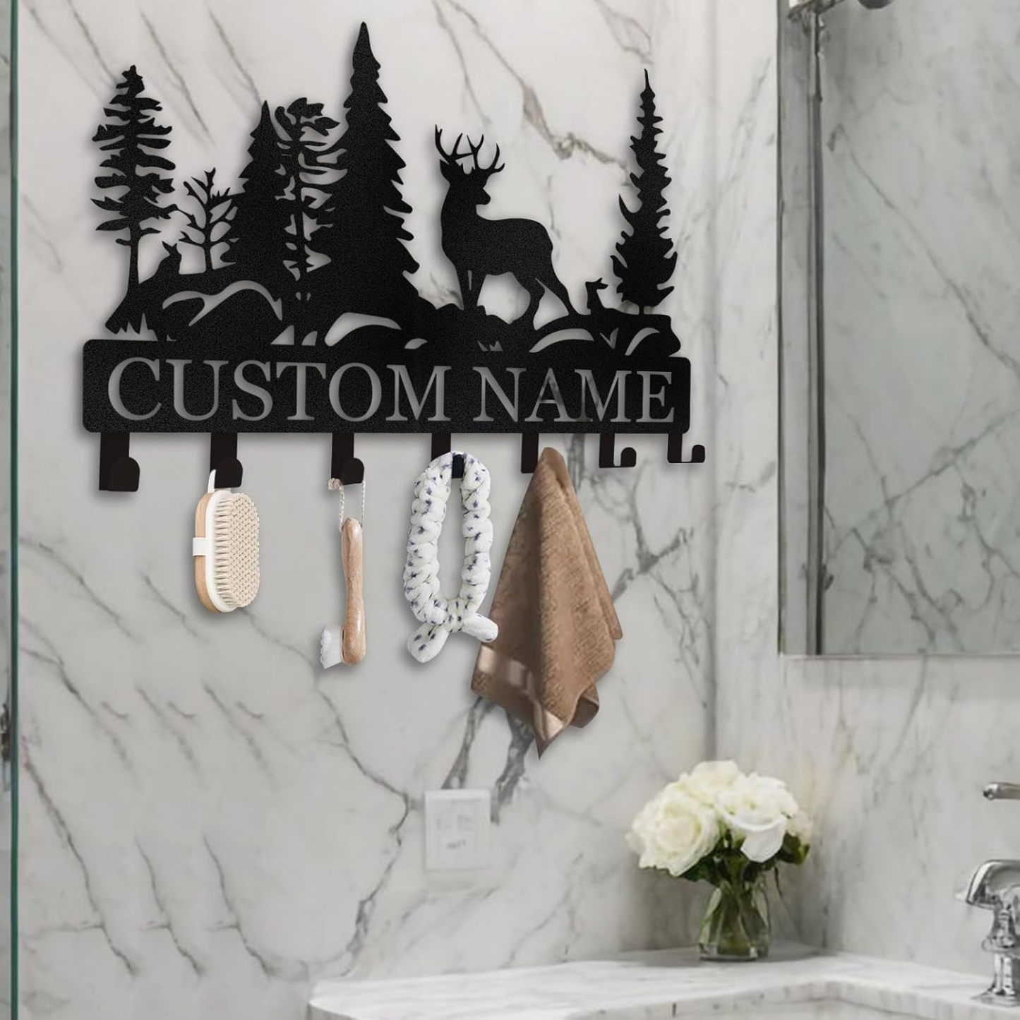 Personalized Key Holder for Wall, Custom Forest Deer Coat Rack Wall Hanging-MetalsignX