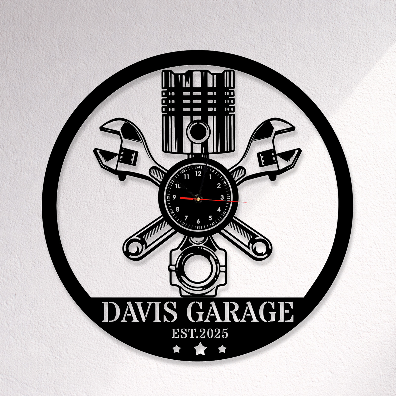 Personalized Garage Metal Wall Clock with Custom Name and EST Year, Mechanic Piston and Wrench Design, Silent Industrial Workshop Decor