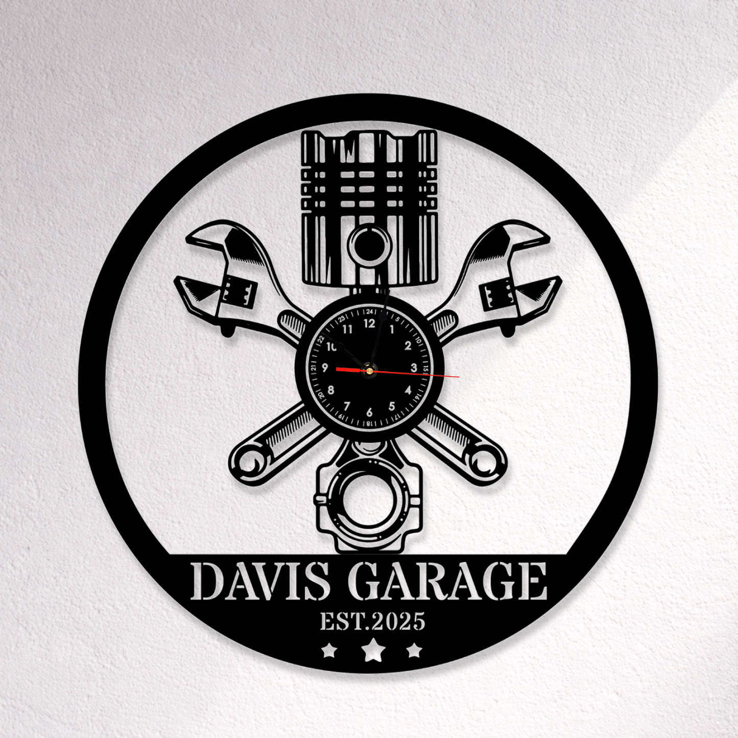 Personalized Garage Metal Wall Clock with Custom Name and EST Year, Mechanic Piston and Wrench Design, Silent Industrial Workshop Decor