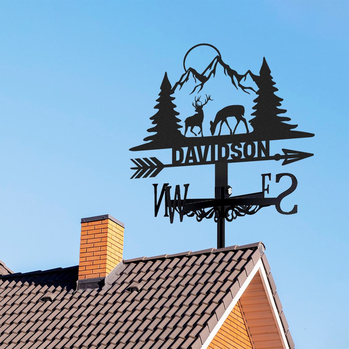 Personalized Deer Mountain Metal Weather Vane with Custom Family Name, Rustic Hunting Lodge Roof Wind Direction Indicator Outdoor Decor