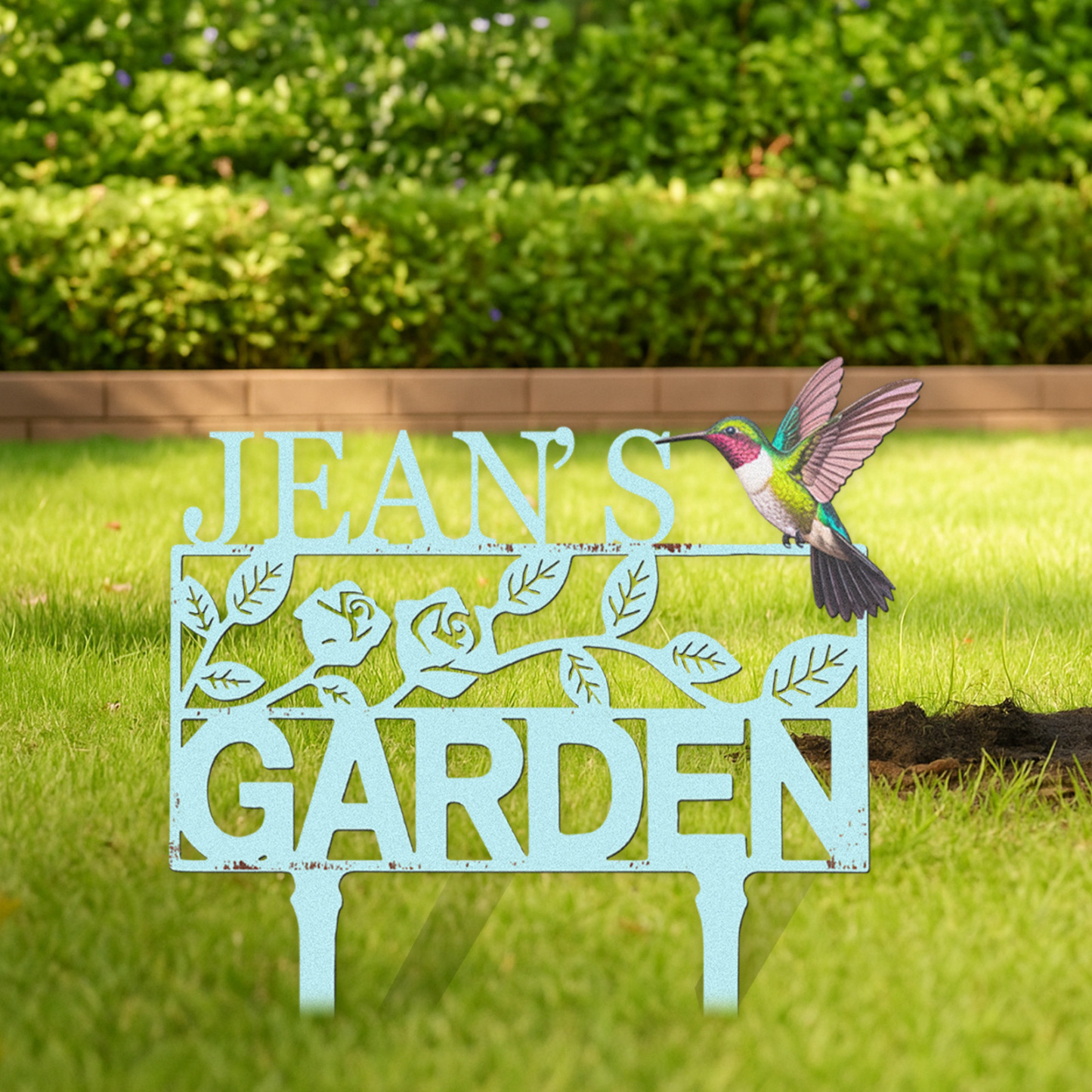 Personalized Garden Sign with Hummingbird and Flowers, Custom Metal Name Sign, Vintage Blue Garden Stake for Yard Decor, Floral Garden Name Plaque for Outside