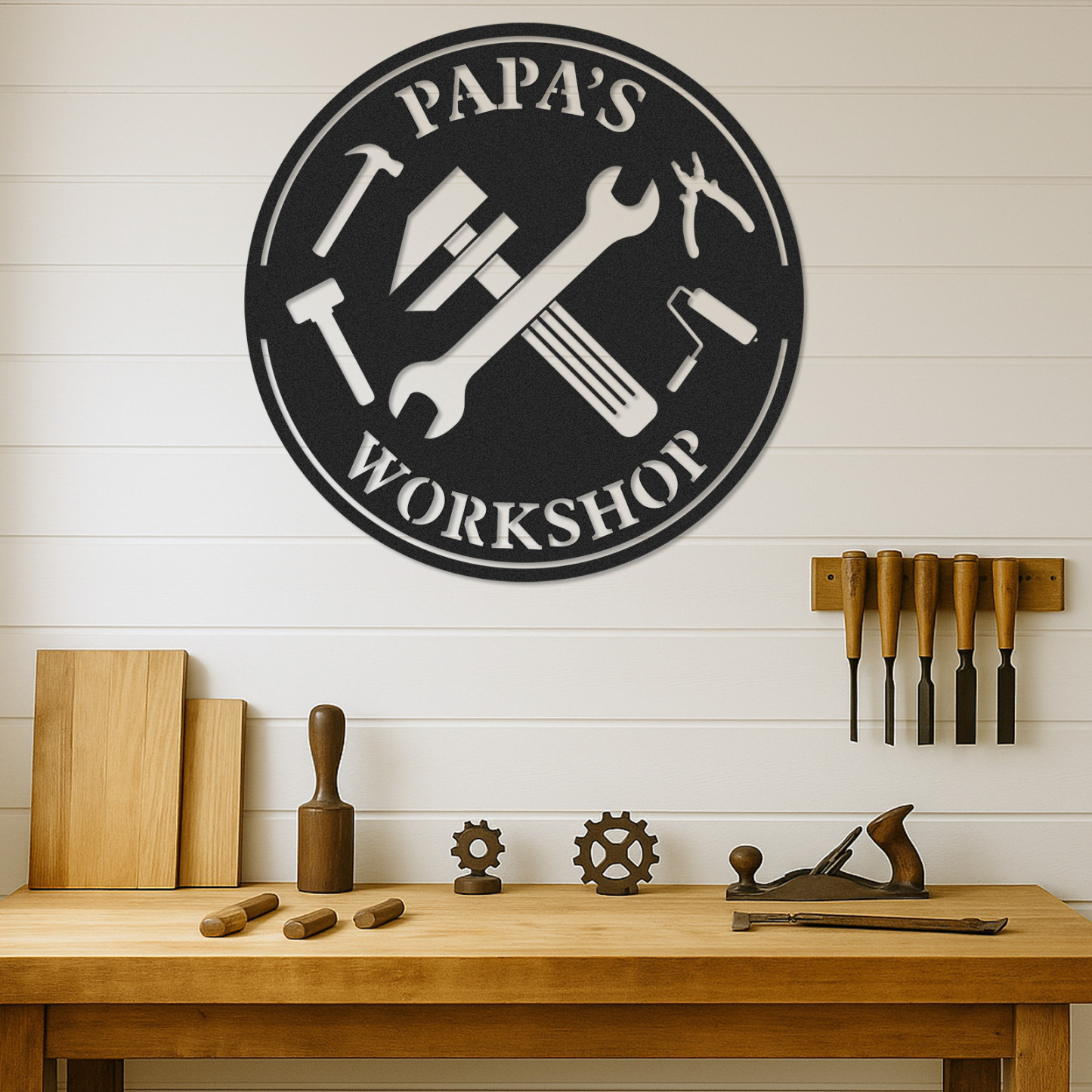 Personalized Papa's Workshop Metal Sign with Tools, Custom Garage Wall Decor for Grandpa, Dad or Him, Unique Gift for Father's Day or Birthday