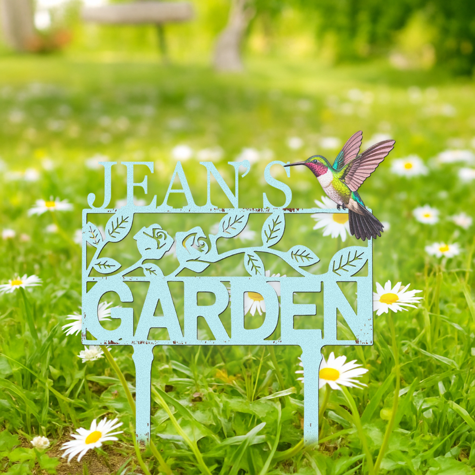 Personalized Garden Sign with Hummingbird and Flowers, Custom Metal Name Sign, Vintage Blue Garden Stake for Yard Decor, Floral Garden Name Plaque for Outside