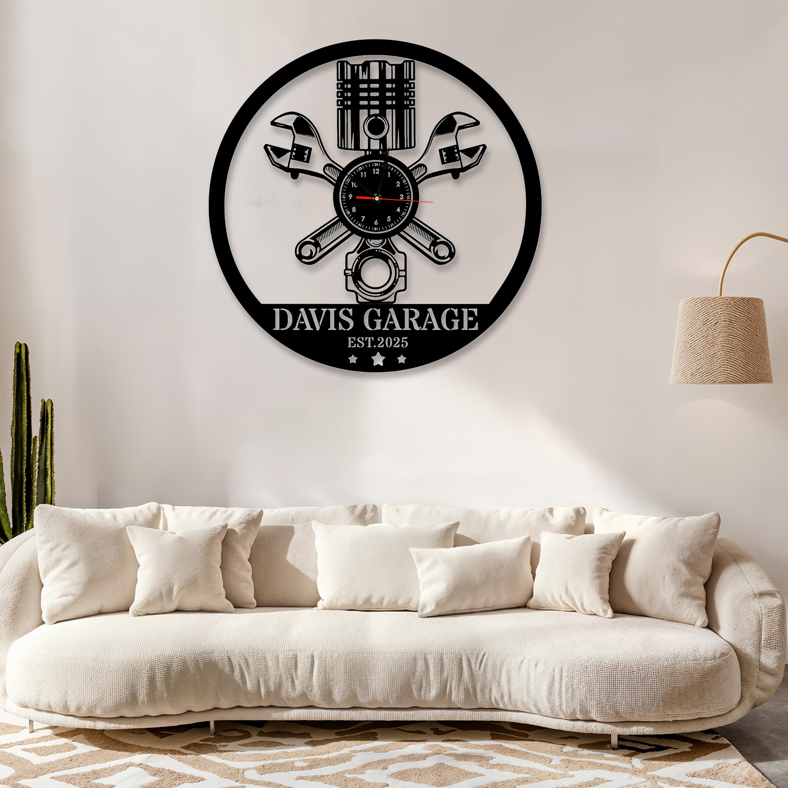 Personalized Garage Metal Wall Clock with Custom Name and EST Year, Mechanic Piston and Wrench Design, Silent Industrial Workshop Decor